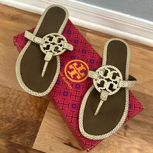 Tory Burch Miller Snake Skin Cream leather slides. Size 8 like new with box.